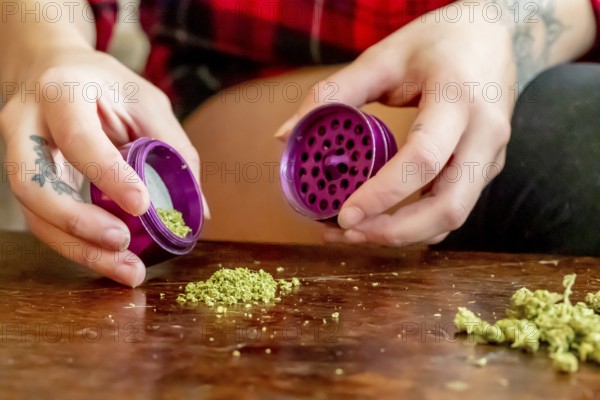 A beautiful brunette model smokes marijuana in the privacy of her own home