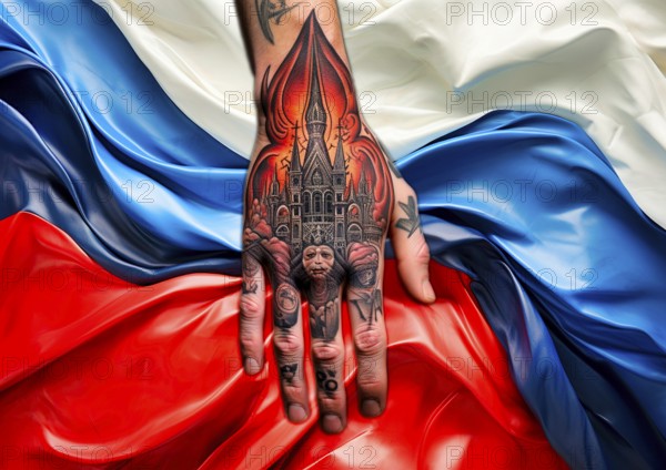 A hand tattooed with Russian motifs lies on a national flag with the colours white, blue and red, illustration with KI generated, AI generated