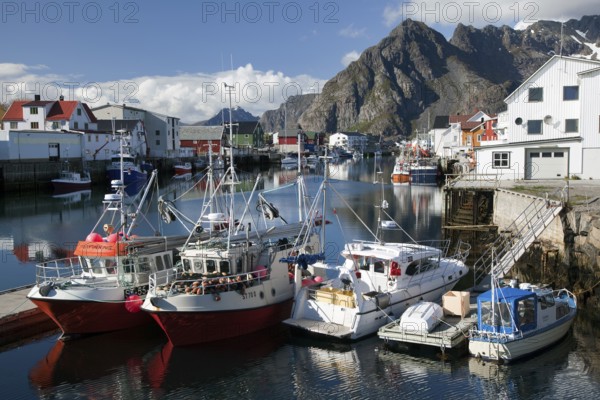Fishing boats in the harbor, Henningsvaer, Henningsvær, Heimöya, Heimøya, Lofoten, Nordland, Northern Norway, Norway, Europe