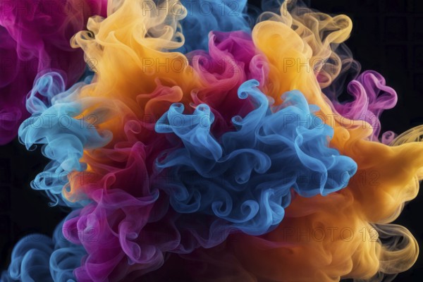 Vibrant blue, magenta, and orange smoke creating a dynamic abstract pattern, Color Smoke, AI generated