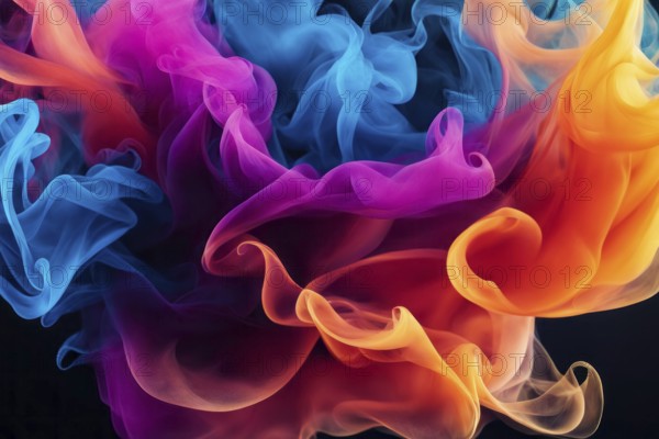 Vibrant abstract smoke-like fluid art on a black background, AI generated