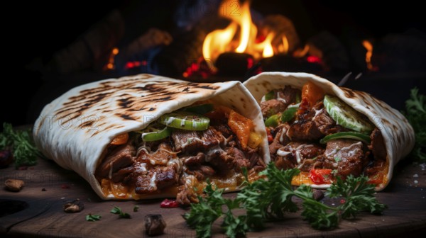 Döner kebab meat, stuffed in a thin pita bread, lies on a tree slice, a fire blazing in the background, KI generated, AI generated