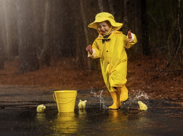 A small child plays in the rain while little chicks try to get a drink of water