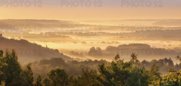 View into the Saale valley with morning fog at sunrise, Naumburg, Burgenlandkreis, Saxony-Anhalt, Germany, Europe