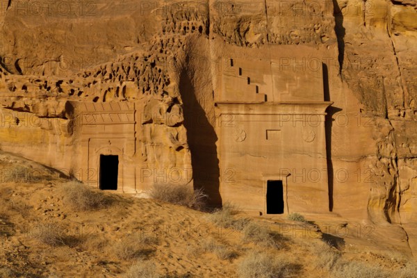 Nabataean tombs at Djabal Al-Ahmar in first daylight, Hegra or Madain Salih, AlUla region, Medina province, Saudi Arabia, Arabian Peninsula, Asia