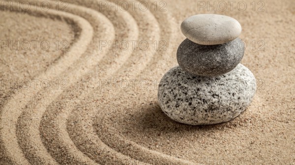 Japanese Zen stone garden, relaxation, meditation, simplicity and balance concept, panorama of pebbles and raked sand tranquil calm scene