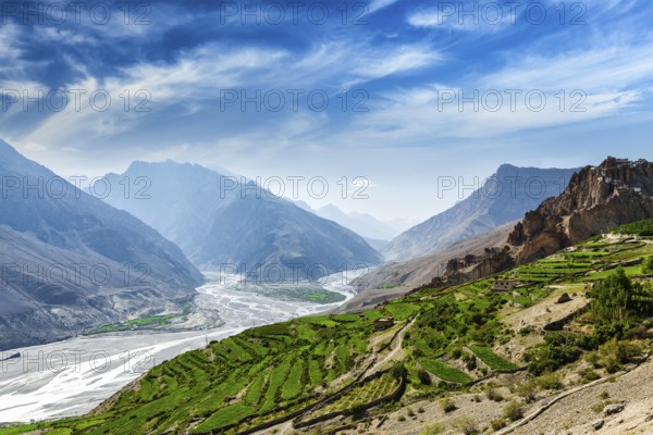 View of Spiti valley and Spiti river in Himalayas. Spiti valley, Himachal Pradesh, India, Asia