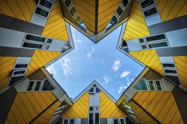 ROTTERDAM, NETHERLANDS, MAY 11, 2017: Cube houses, innovative cube-shaped houses designed by architect Piet Blom with idea to optimize space in Rotterdam, Netherlands now became a tourist attraction