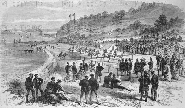Games of the Caledonian club in San Francisco, emigrants from Scotland, 1869, America, Historic, digitally restored reproduction of an original 19th century artwork, exact original date unknown