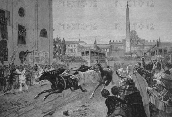 Horse Racing on the Corso in Rome in 1870, Italy, Historical, digitally restored reproduction of an original 19th century painting, Europe