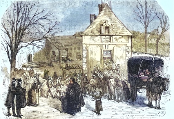Distribution of bread to the poor of Augerville, on the day of the funeral of Pierre-Antoine Berryer (4 January 1790) (29 November 1868), French lawyer and politician, France, Historic, digitally restored reproduction of a 19th century original, exact original date not known, Europe