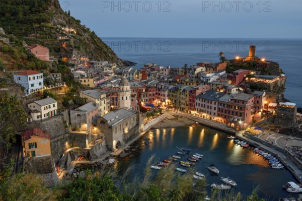 Vernazza fishing village, blue hour, Cinque Terre, La Spezia province, Liguria, Italy, Europe