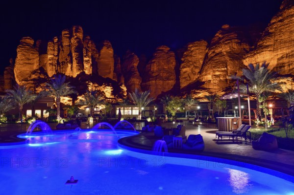 Shaden Resort by night, AlUla, Medina Province, Saudi Arabia, Arabian Peninsula, Asia