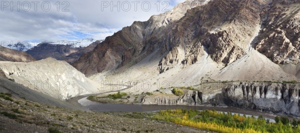 Panorama of Spiti valley in Himalayas in autumn, Himachal Pradesh, India, Asia