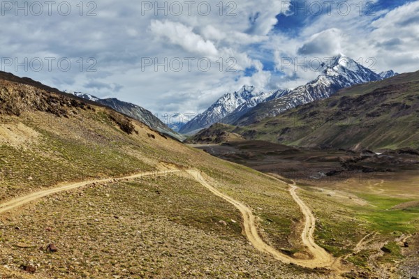 Dirt road in Himalayas. Spiti Valley, Himachal Pradesh, India, Asia