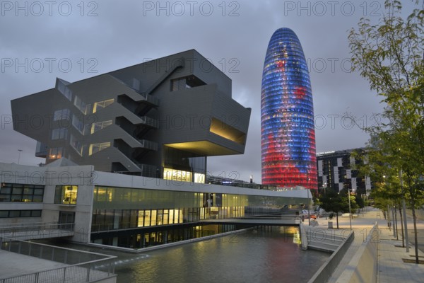 Torre Agbar, architect Jean Nouvel, at dusk, Avinguda Diagonal, Barcelona, ??Catalonia, Spain, Europe