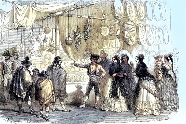 Fruit merchants and nougat traders at Christmas 1880 on the Plaza Mayor in Madrid, Spain, Historic, digitally restored reproduction of a 19th century original, Europe