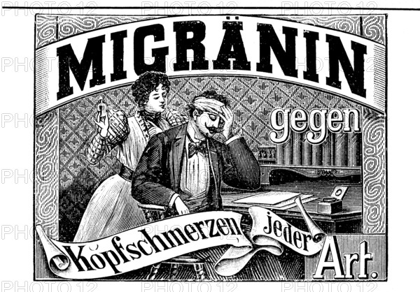 Advertisement for Migranin for headaches and migraines by Farbwerke Höchst, 1890, Germany, Historic, digitally restored reproduction of an original 19th century artwork, exact original date unknown, Europe