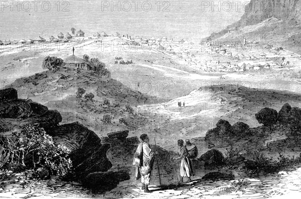 Hintalo, also called Antalo, was the administrative centre of Enderta's historic Werda of Gabat Melash, a small town in the Debub Misraqawi zone in the Tigray region of Abyssinia, 1869, now Ethiopia, Historic, digitally restored reproduction of an original 19th century artwork, exact original date unknown