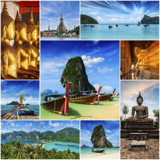 Thai travel tourism concept design, collage of Thailand images