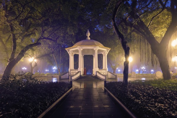 Guangzhou People's Park with mist fog at night. Guangzhou, China, Asia