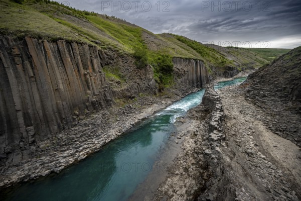 Stuðlagil Canyon, turquoise river between basalt columns, Egilsstadir, Iceland, Europe
