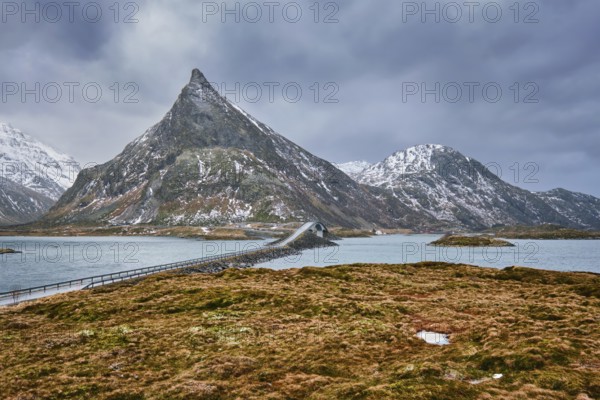 Fredvang Bridges in winter. Lofoten islands, Norway, Europe