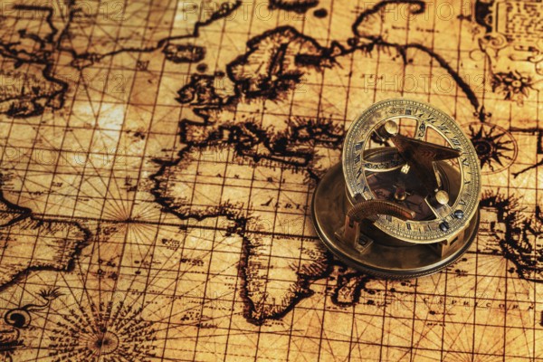 Travel geography navigation concept background, old vintage retro compass with sundial on ancient world map
