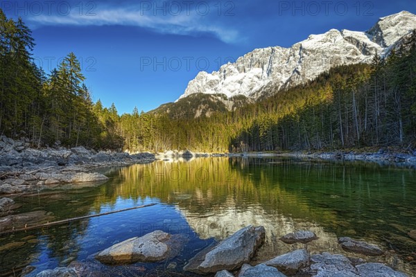 Frillensee (small lake near Eibsee) and Zugspitze, the highest mountain in Germany