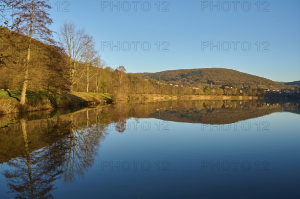 Lake at sunrise, Freudenberg am Main, Untermain, Spessart, Odenwald, Franconia, Baden-Württemberg, Germany, Europe