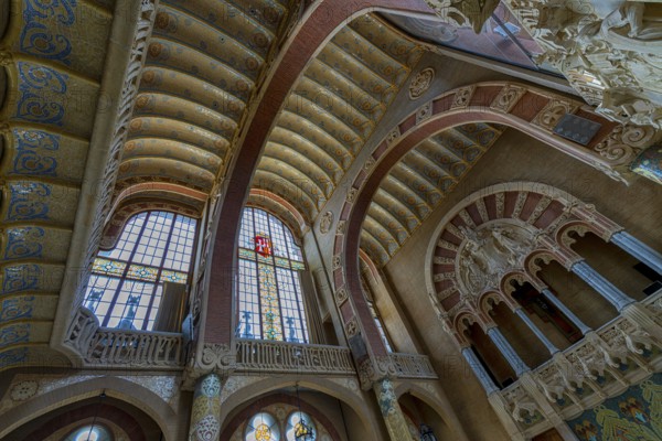 Interior view of the hall and corridors in the main building in the Hospital de la Santa Creu i Sant Pau by architect Lluís Domènech i Montaner, Barcelona, Catalonia