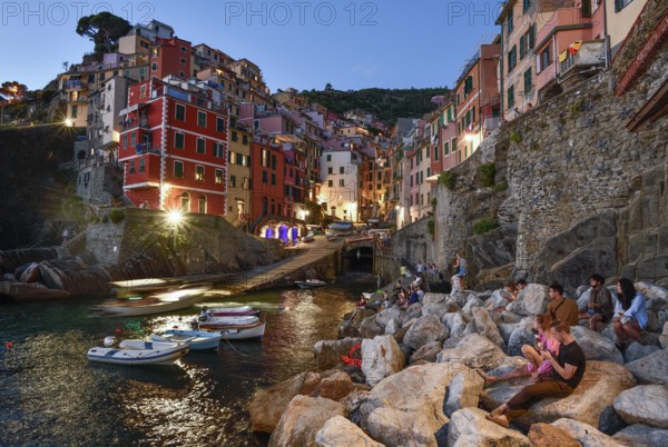 Fishing village of Riomaggiore, blue hour, Cinque Terre, province of La Spezia, Liguria, Italy, Europe