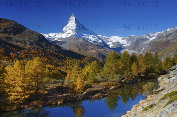 Matterhorn and Lake Grindji, Valais, Switzerland, Europe