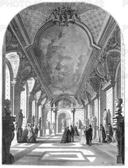 The Restoration at the Louvre, The New Hall of the Roman Emperors, at the Musée des Antiques, 1869, Paris, France, Historic, digitally restored reproduction of an original 19th century master, exact original date unknown, Europe
