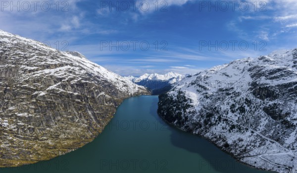 Aerial view over the Zervreila reservoir with a view into the Vals Valley, Vals Valley, Canton Graubünden, Switzerland, Europe