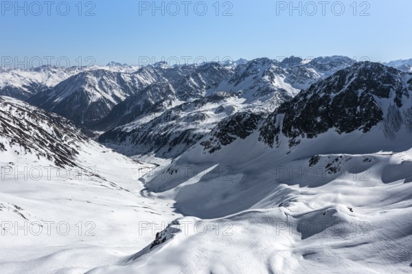 Aerial view, mountain valley with snow, mountains in winter, Sellraintal, Kühtai, Tyrol, Austria, Europe