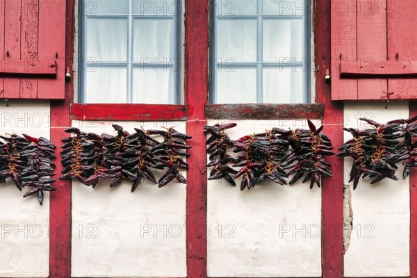 Chilli peppers, Piment dEspelette hanging to dry on facade, typical window with red shutters, detail, Espelette, Département Pyrénées-Atlantiques. Region Nouvelle-Aquitaine, Pays Basque, Basque Country, France, Europe