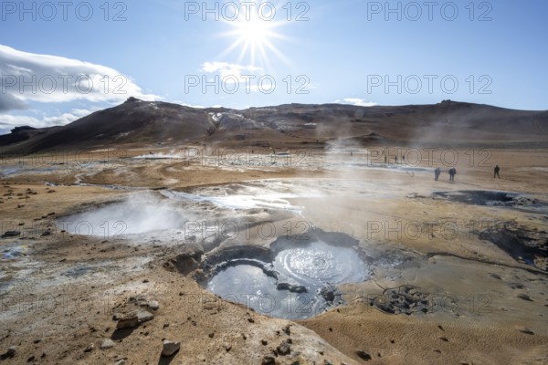 Steaming hot springs, Hverarönd geothermal area, also Hverir or Namaskard, Star of the Sun, North Iceland, Iceland, Europe