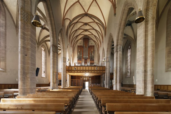 Nave and organ Church of St. Johannis, 15th century Gothic, Evangelical Lutheran parish church, three-nave pseudo-basilica, Martin-Luther Platz, Ansbach, Middle Franconia, Franconia, Bavaria, Germany, Europe