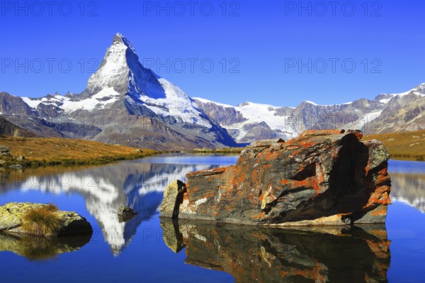 Matterhorn and mountain lake, Valais, Switzerland, Europe