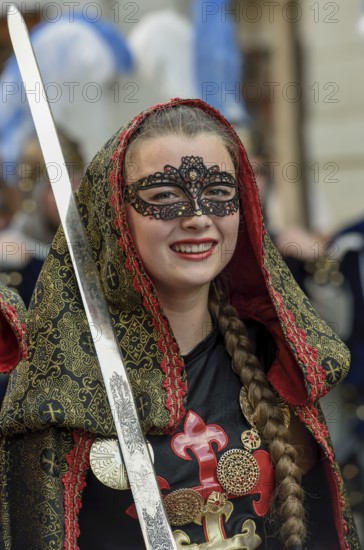 Woman in historic clothes, Moors and Christians Parade, Moros y Cristianos, Jijona or Xixona, Province of Alicante, Costa Blanca, Spain, Europe