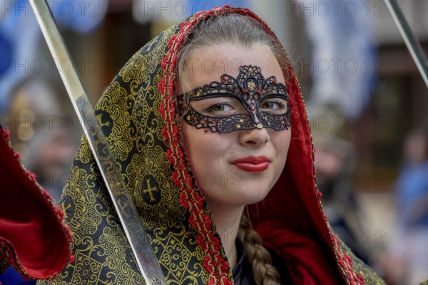 Woman in historic clothing, Moors and Christians Parade, Moros y Cristianos, Jijona or Xixona, Province of Alicante, Costa Blanca, Spain, Europe