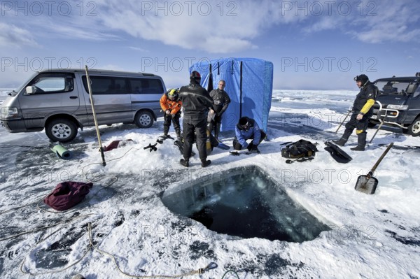 Scuba divers, Lake Baikal, Olkhon Island, Pribaikalsky National Park, Irkutsk Province, Siberia, Russia, Europe