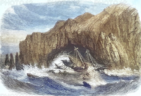 Shipwreck of the Torah on the reefs of Formy-Spit near Liverpool, 1869, England, Historic, digitally restored reproduction of an original 19th century artwork, exact original date unknown