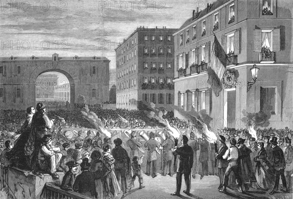 Serenade offered to the French Embassy by the people of Madrid, 1869, Spain, Historic, digitally restored reproduction of an original 19th century original, exact original date unknown, Europe