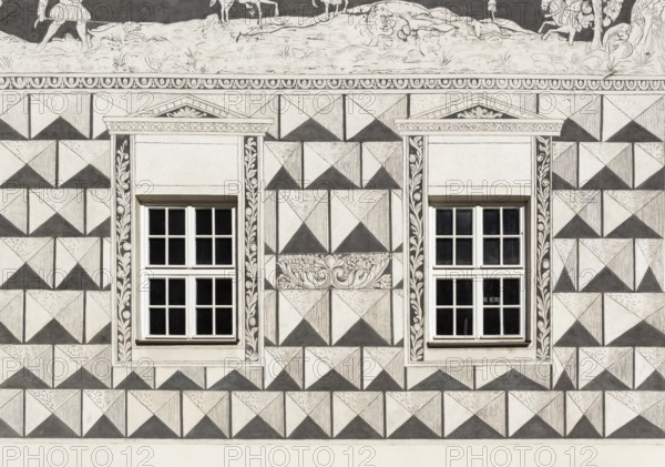 Detail of sgraffito decoration on facade of the Knights, U Rytiru, house, Mikulov, Czech Republic, Europe