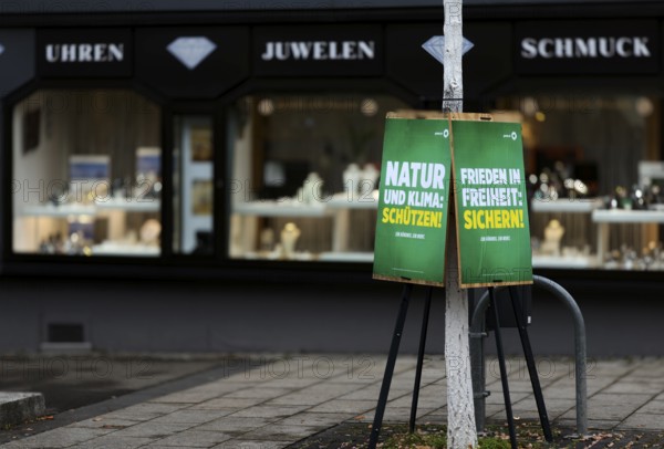 Election posters for the Bundestag election on 23 February 2025, Bündnis 90 Die Grünen, in front of a jewellery shop, Fellbach, Baden-Württemberg, Germany, Europe