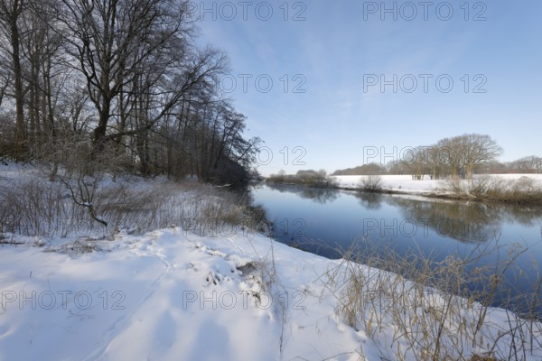 Dorsten, North Rhine-Westphalia, Germany - Sunny winter landscape in the Ruhr area, ice and snow on the river Lippe