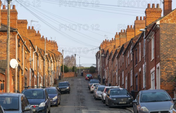 Victorian terraced housing with no front gardens, Bernard Street, inner city of Lincoln, Lincolnshire, England, UK