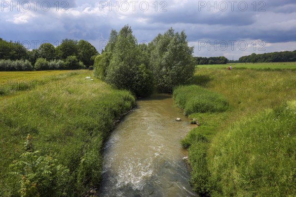 Kamen, Ruhr area, North Rhine-Westphalia, Germany, Spring landscape on the Seseke. The renaturalised Seseke, a tributary of the Lippe, has been transformed into a near-natural watercourse, flood protection and biodiversity through newly designed floodplains. Following the construction of a parallel sewer, the Seseke is now free of wastewater, having previously been an open, above-ground wastewater sewer, combined sewer with surface water and wastewater, Europe